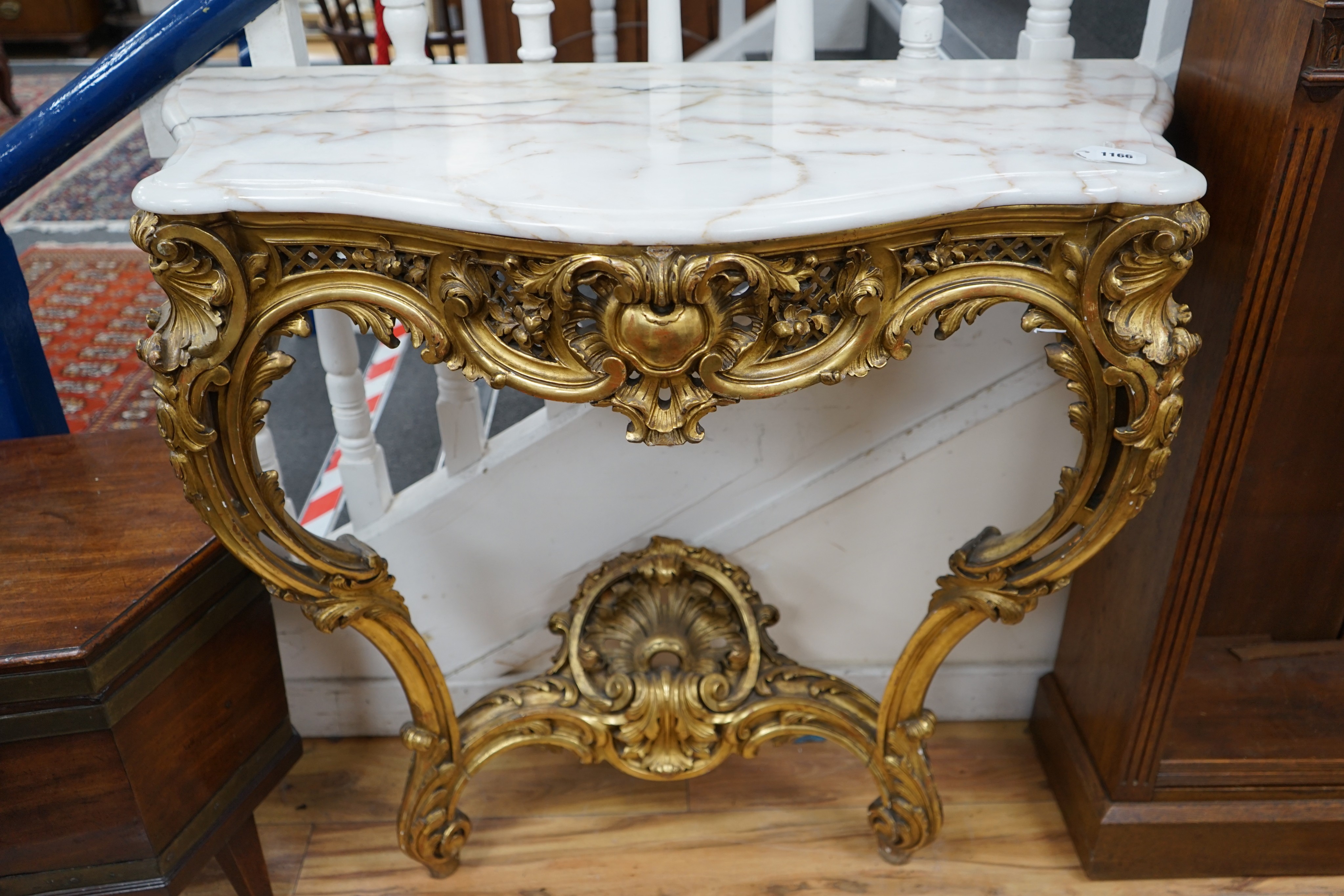 A 19th century and later giltwood console table with white marble top, width 103cm, depth 49cm, height 95cm